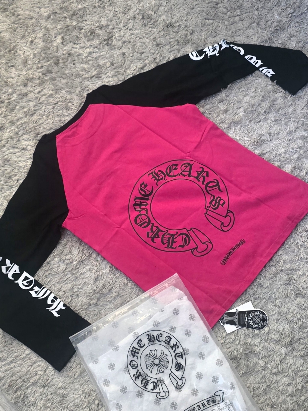 Chrome Hearts Hot Pink and Black Raglan Tee with Back Logo